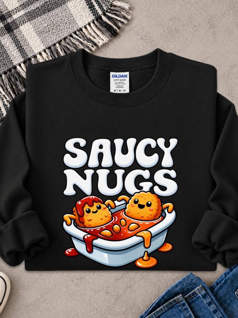 Saucy Nugs Sweatshirt Adult Graphic Crewneck Funny Cartoon Food Chicken Nuggets
